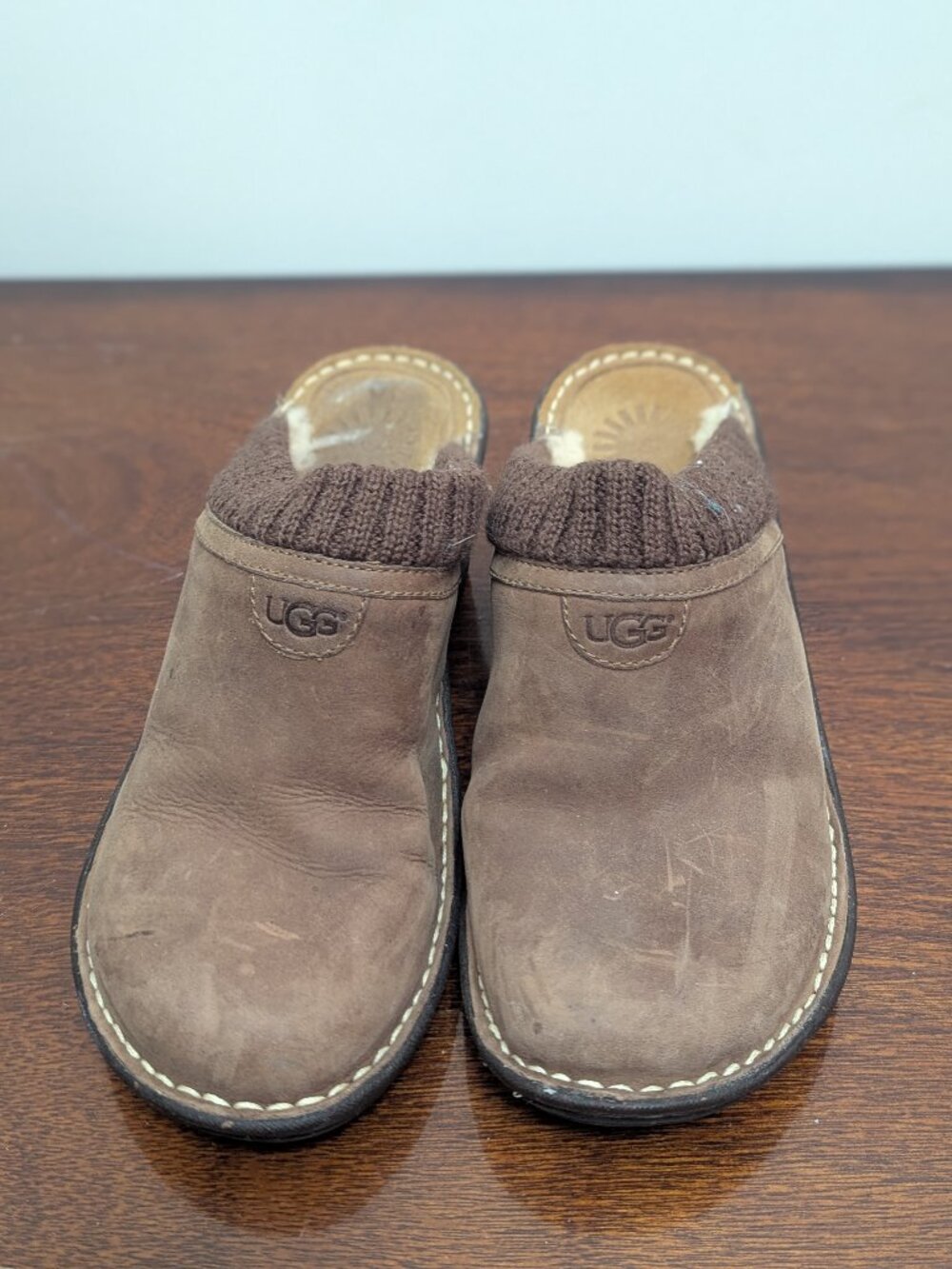 UGG Brown Suede Clog Mules Shearling Lined Sz 8